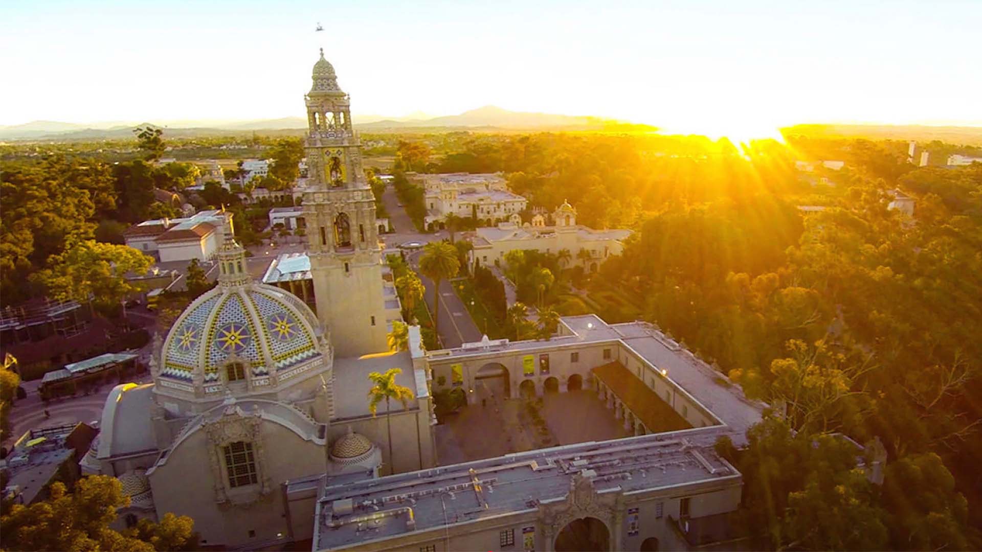 aerial view of Balboa Park at sunset